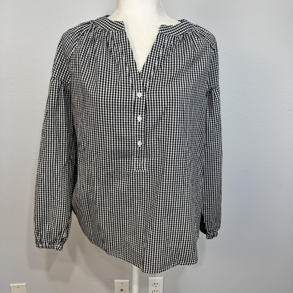 Cicy Bell‎ Blouse Women's Medium Black Gingham Check Henley Long Sleeve Cotton
